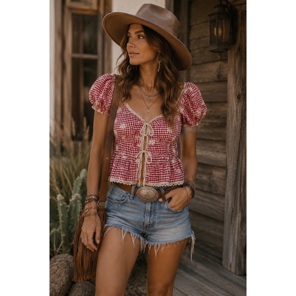 one clothing Tops - one clothing | Red Gingham Lace-Up Peasant Top